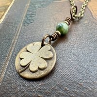 Four Leaf Clover, Bronze Necklace, Wax Seal Charm, Connemara Marble, Irish Celtic Jewelry, Lucky Charm, Celtic Witch, Irish Shamrock Luck