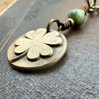 Four Leaf Clover, Bronze Necklace, Wax Seal Charm, Connemara Marble, Irish Celtic Jewelry, Lucky Charm, Celtic Witch, Irish Shamrock Luck