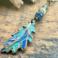 Copper Oak Leaf Pendant, Colorful Patina, Czech Glass Beads, Green Witch, Earthy Rustic, Celtic Tree Astrology, Sacred Oak Tree, Aqua Blue