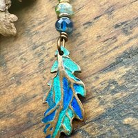 Copper Oak Leaf Pendant, Colorful Patina, Czech Glass Beads, Green Witch, Earthy Rustic, Celtic Tree Astrology, Sacred Oak Tree, Aqua Blue