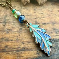 Copper Oak Leaf Pendant, Colorful Patina, Czech Glass Beads, Green Witch, Earthy Rustic, Celtic Tree Astrology, Sacred Oak Tree, Aqua Blue