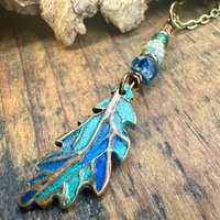 Copper Oak Leaf Pendant, Colorful Patina, Czech Glass Beads, Green Witch, Earthy Rustic, Celtic Tree Astrology, Sacred Oak Tree, Aqua Blue