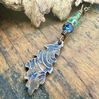 Copper Oak Leaf Pendant, Colorful Patina, Czech Glass Beads, Green Witch, Earthy Rustic, Celtic Tree Astrology, Sacred Oak Tree, Aqua Blue