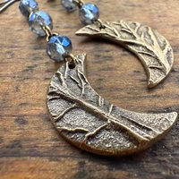 Crescent Moon Bronze Earrings, Midnight Blue Crystal Beads, Celtic Moon Goddess, Long Beaded Moon Earrings, Hypoallergenic, Pagan Wicca Art