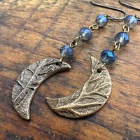 Crescent Moon Bronze Earrings, Midnight Blue Crystal Beads, Celtic Moon Goddess, Long Beaded Moon Earrings, Hypoallergenic, Pagan Wicca Art