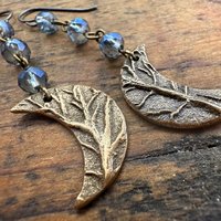 Crescent Moon Bronze Earrings, Midnight Blue Crystal Beads, Celtic Moon Goddess, Long Beaded Moon Earrings, Hypoallergenic, Pagan Wicca Art