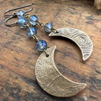 Crescent Moon Bronze Earrings, Midnight Blue Crystal Beads, Celtic Moon Goddess, Long Beaded Moon Earrings, Hypoallergenic, Pagan Wicca Art