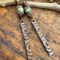 Copper Dangle Stick Earrings, Connemara Marble Bead, Long Skinny, Hypoallergenic Ear Wires, Earthy Rustic