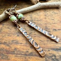 Copper Dangle Stick Earrings, Connemara Marble Bead, Long Skinny, Hypoallergenic Ear Wires, Earthy Rustic