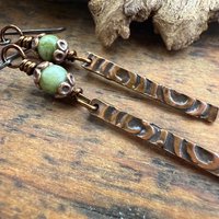 Copper Dangle Stick Earrings, Connemara Marble Bead, Long Skinny, Hypoallergenic Ear Wires, Earthy Rustic