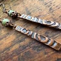 Copper Dangle Stick Earrings, Connemara Marble Bead, Long Skinny, Hypoallergenic Ear Wires, Earthy Rustic