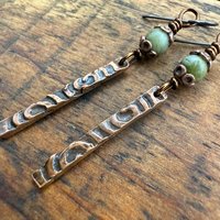 Copper Dangle Stick Earrings, Connemara Marble Bead, Long Skinny, Hypoallergenic Ear Wires, Earthy Rustic