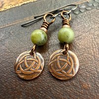 Trinity Knot Earrings, Triquetra, Tiny Copper Discs, Connemara Marble, Irish Celtic Jewelry, Hypoallergenic Ear Wires, Wax Seal Jewelry