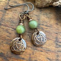 Trinity Knot Earrings, Triquetra, Tiny Copper Discs, Connemara Marble, Irish Celtic Jewelry, Hypoallergenic Ear Wires, Wax Seal Jewelry