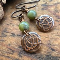Trinity Knot Earrings, Triquetra, Tiny Copper Discs, Connemara Marble, Irish Celtic Jewelry, Hypoallergenic Ear Wires, Wax Seal Jewelry