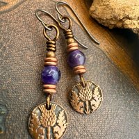Scottish Thistle Earrings, Outlander Gifts, Copper Anniversary, Thistle of Scotland, Amethyst, Wax Seal Charm, Highlander, Disc Earrings