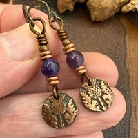 Scottish Thistle Earrings, Outlander Gifts, Copper Anniversary, Thistle of Scotland, Amethyst, Wax Seal Charm, Highlander, Disc Earrings