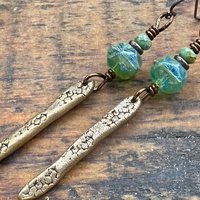Bronze Dangle Drop Earrings, Coral Fossil Texture, Czech Glass Beads, Bronze Aqua Blue, Hypoallergenic Niobium Ear Wires, Earthy Primitive