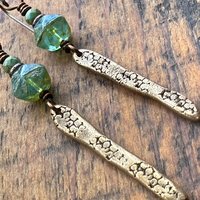 Bronze Dangle Drop Earrings, Coral Fossil Texture, Czech Glass Beads, Bronze Aqua Blue, Hypoallergenic Niobium Ear Wires, Earthy Primitive