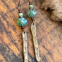 Bronze Dangle Drop Earrings, Coral Fossil Texture, Czech Glass Beads, Bronze Aqua Blue, Hypoallergenic Niobium Ear Wires, Earthy Primitive