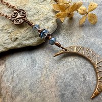 Crescent Moon & Triskele, Rosary Style Necklace, Copper, Blue Crystals, Tree Branches, Magical Moon, Triple Goddess, Witchy Pagan Art