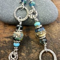 Hoop Sterling Silver Earrings, Raku Lampwork Beads, Hypoallergenic Ear Wires, Long Statement Earrings, Earthy Rustic, Mismatched Earrings