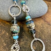 Hoop Sterling Silver Earrings, Raku Lampwork Beads, Hypoallergenic Ear Wires, Long Statement Earrings, Earthy Rustic, Mismatched Earrings