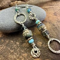 Hoop Sterling Silver Earrings, Raku Lampwork Beads, Hypoallergenic Ear Wires, Long Statement Earrings, Earthy Rustic, Mismatched Earrings