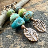 Copper Tree Branch Drop Earrings, Stacked Turquoise Beads, Cairn Stones, Summer Boho Style, Light Everyday, Hypoallergenic Ear Wires, Witchy