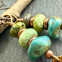 Copper Tree Branch Drop Earrings, Stacked Turquoise Beads, Cairn Stones, Summer Boho Style, Light Everyday, Hypoallergenic Ear Wires, Witchy