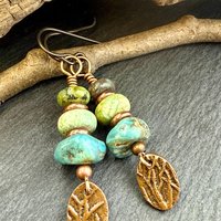Copper Tree Branch Drop Earrings, Stacked Turquoise Beads, Cairn Stones, Summer Boho Style, Light Everyday, Hypoallergenic Ear Wires, Witchy
