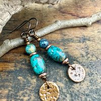 Copper Disc Drop Earrings, Turquoise Beads, Light Everyday, Boho Summer Style, Hypoallergenic Ear Wires, Earthy Rustic Jewelry, Handmade