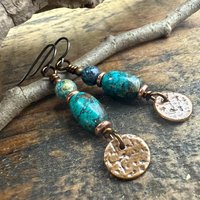 Copper Disc Drop Earrings, Turquoise Beads, Light Everyday, Boho Summer Style, Hypoallergenic Ear Wires, Earthy Rustic Jewelry, Handmade
