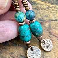 Copper Disc Drop Earrings, Turquoise Beads, Light Everyday, Boho Summer Style, Hypoallergenic Ear Wires, Earthy Rustic Jewelry, Handmade