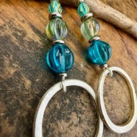 Sterling Silver Drop Hoop Earrings, Czech Glass Beads, Light Everyday Earrings, Hypoallergenic, Niobium Ear Wires, Earthy Rustic Jewelry