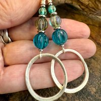 Sterling Silver Drop Hoop Earrings, Czech Glass Beads, Light Everyday Earrings, Hypoallergenic, Niobium Ear Wires, Earthy Rustic Jewelry