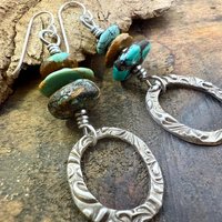 Sterling Silver & Turquoise, Drop Hoop Earrings, Summer Boho Style, Earthy Rustic Jewelry, Stacked Cairn Beads, Everyday, Handmade Art Style