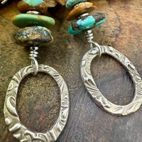 Sterling Silver & Turquoise, Drop Hoop Earrings, Summer Boho Style, Earthy Rustic Jewelry, Stacked Cairn Beads, Everyday, Handmade Art Style