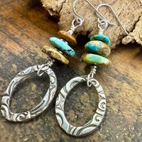 Sterling Silver & Turquoise, Drop Hoop Earrings, Summer Boho Style, Earthy Rustic Jewelry, Stacked Cairn Beads, Everyday, Handmade Art Style