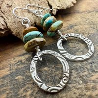 Sterling Silver & Turquoise, Drop Hoop Earrings, Summer Boho Style, Earthy Rustic Jewelry, Stacked Cairn Beads, Everyday, Handmade Art Style
