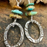 Sterling Silver & Turquoise, Drop Hoop Earrings, Summer Boho Style, Earthy Rustic Jewelry, Stacked Cairn Beads, Everyday, Handmade Art Style