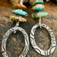 Sterling Silver & Turquoise, Drop Hoop Earrings, Summer Boho Style, Earthy Rustic Jewelry, Stacked Cairn Beads, Everyday, Handmade Art Style
