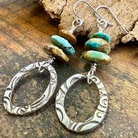 Sterling Silver & Turquoise, Drop Hoop Earrings, Summer Boho Style, Earthy Rustic Jewelry, Stacked Cairn Beads, Everyday, Handmade Art Style