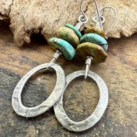 Sterling Silver & Turquoise, Drop Hoop Earrings, Summer Boho Style, Earthy Rustic Jewelry, Stacked Cairn Beads, Everyday, Handmade Art Style