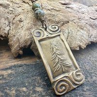 Pine Tree, Bronze Pendant, Celtic Spirals, Czech Glass Beads, Evergreen Trees, Earthy Rustic Art Jewelry, Hand Carved, Tree of Life, Pagan