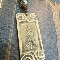 Pine Tree, Bronze Pendant, Celtic Spirals, Czech Glass Beads, Evergreen Trees, Earthy Rustic Art Jewelry, Hand Carved, Tree of Life, Pagan