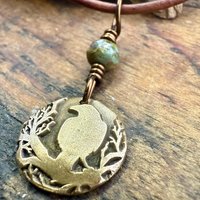 Raven Bronze Pendant, Wax Seal Charm, Czech Glass Bead, Crow Corvid, Tree Branches, Pagan Samhain, Celtic Witch Jewelry, Earthy Rustic Wicca