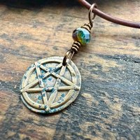 Pentagram Bronze Charm, Pentacle Pendant, Czech Glass Bead, Leather & Vegan Cords, Pagan Wicca, 5 Elements Star, Handmade, Witchy Things