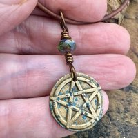Pentagram Bronze Charm, Pentacle Pendant, Czech Glass Bead, Leather & Vegan Cords, Pagan Wicca, 5 Elements Star, Handmade, Witchy Things