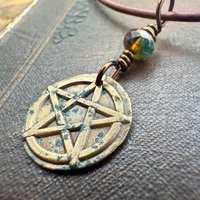 Pentagram Bronze Charm, Pentacle Pendant, Czech Glass Bead, Leather & Vegan Cords, Pagan Wicca, 5 Elements Star, Handmade, Witchy Things